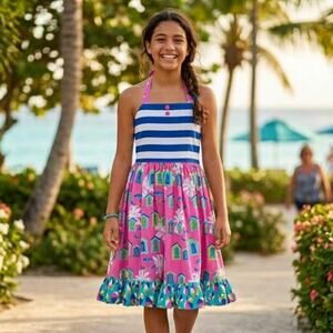 Eleanor Rose Madeline Dress Cabana Dreams Pink Halter Sun Dress 1171 Girls 14/16